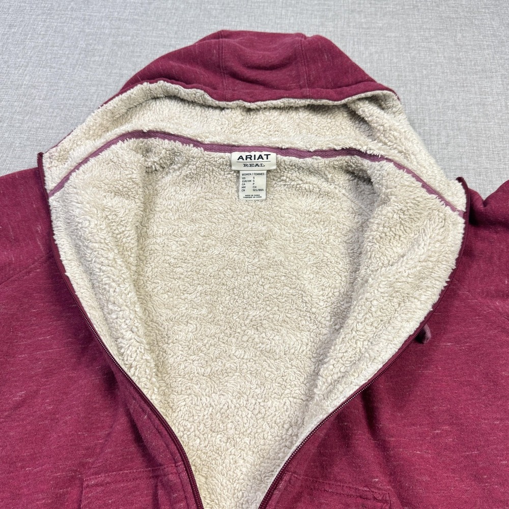 Ariat REAL Hoodie Women Small Red Full Zip Lined Sherpa Faux Fur Kangaroo Pocket - Picture 8 of 10